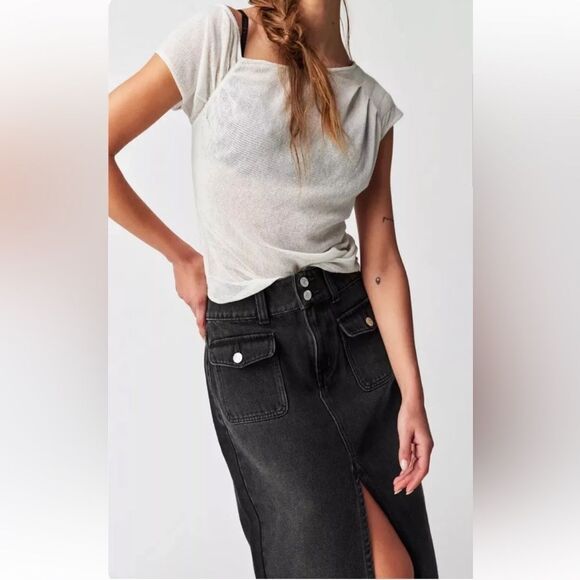 NWOT We The Free × Free People Madison Denim Midi Skirt In Black Size 25 - Picture 7 of 12